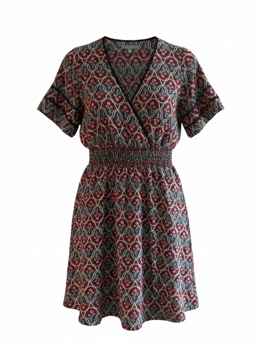 Draper James Red, Pink and Black Patterned V‑Neck Mini Dress